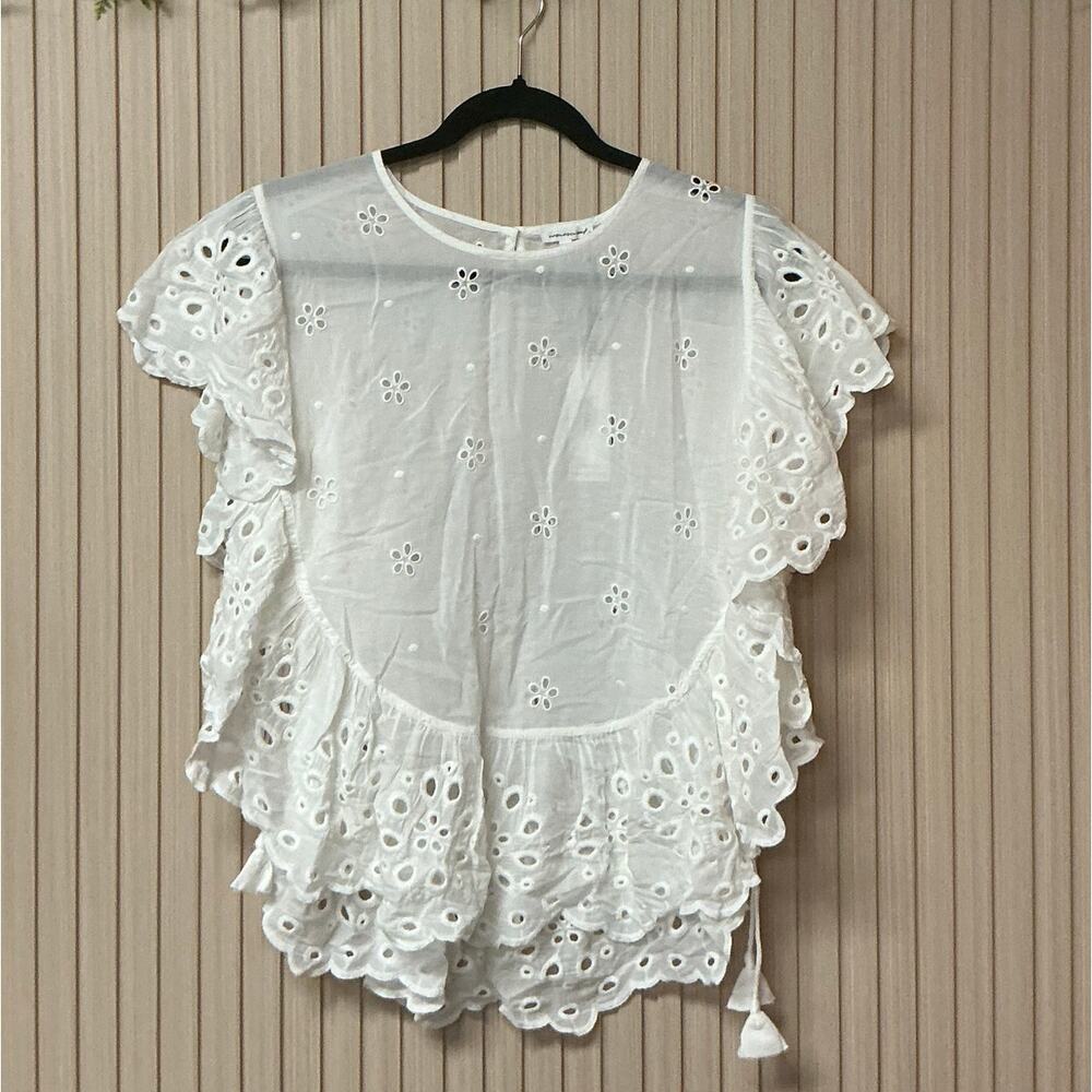 Unsubscribed Elegant White Eyelet Ruffle Bib Top Women’s Size M